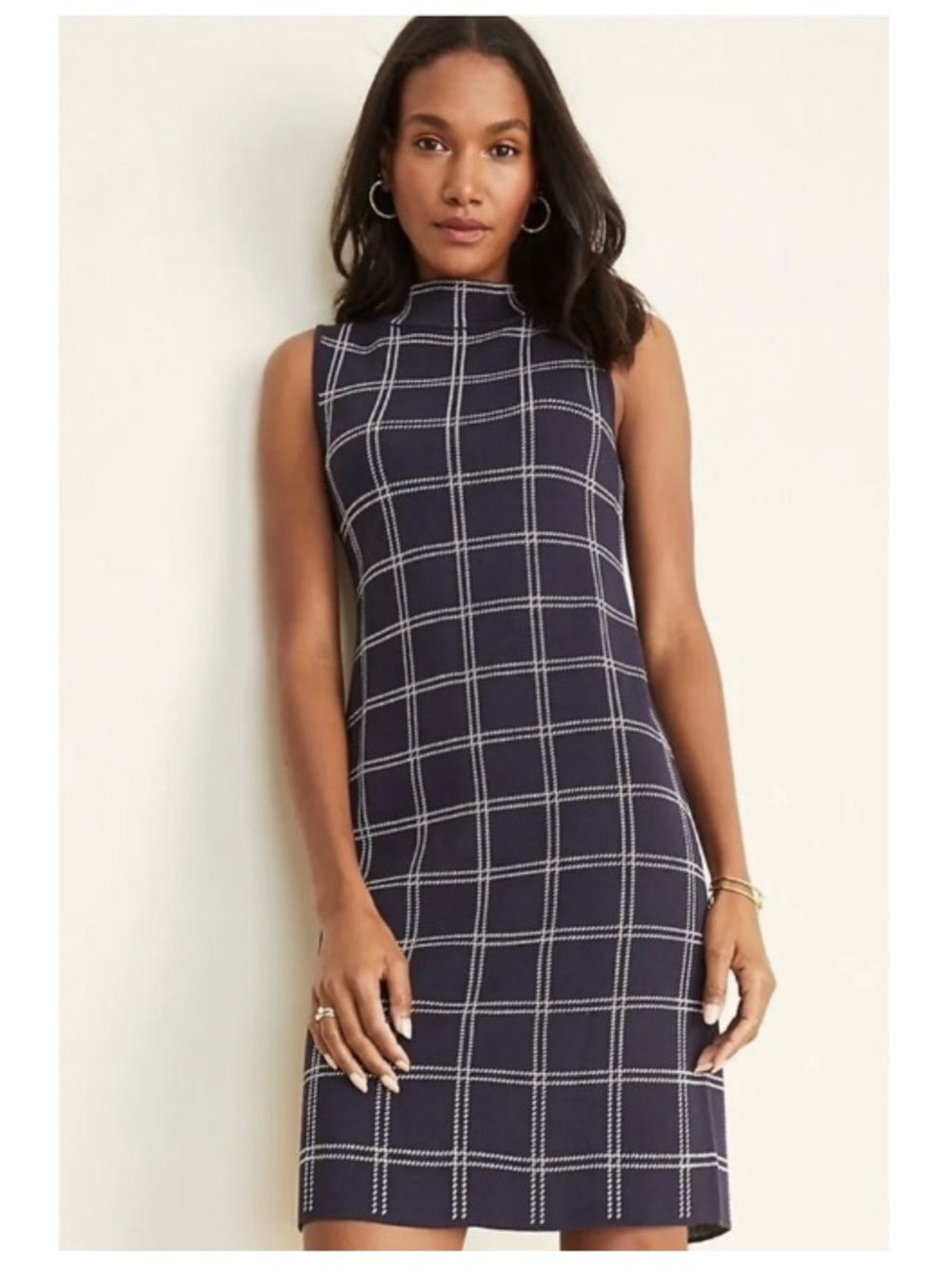 Ann Taylor Windowpane Plaid Knit Sleeveless Mock Neck Pullover Dress Navy Large